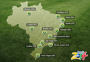 Mapa con las sedes que albergarán a los partidos del Mundial Brasil 2014.