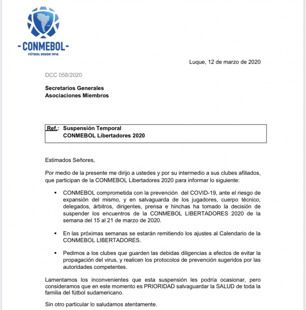 Carta con la suspensión oficial de las Clasificatorias y Copa libertadores.