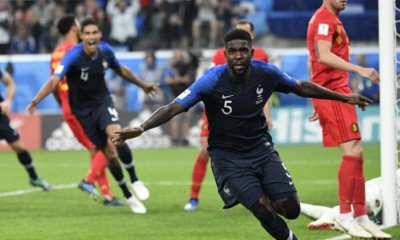 Umtiti ya celebra su gol de cabeza ante Bélgica. Francia a la final del Mundial de Rusia 2018.